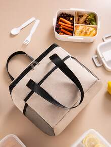 1pc Large Handheld Lunch Bag, Simple Solid Color Lunch Box, Portable Waterproof Insulated Aluminum Foil Ice Pack Picnic Bag, Thickened Handheld Food Container For Home, Suitable For Students And Office Workers - Beige - View 2