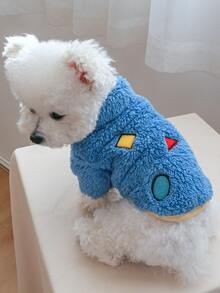 1pc Pet Clothes For Dogs/cats, Winter Warm Plush Geometric Coat - Blue - Blue - View 4