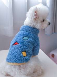 1pc Pet Clothes For Dogs/cats, Winter Warm Plush Geometric Coat - Blue - Blue - View 2