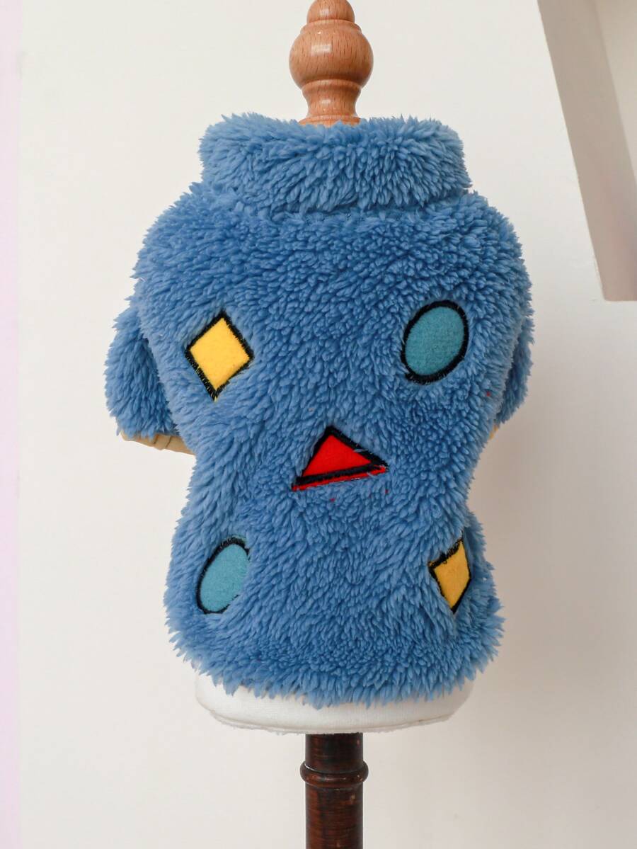1pc Pet Clothes For Dogs/cats, Winter Warm Plush Geometric Coat - Blue - Blue - View 1