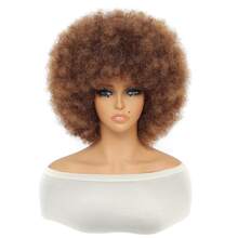 DZfirst 亚麻棕色 10 英寸非洲卷曲合成假发 70 年代 80 年代假发 大号弹性柔软自然蓬松假发 适合派对角色扮演日常佩戴 - 亞麻棕 - 查看 3