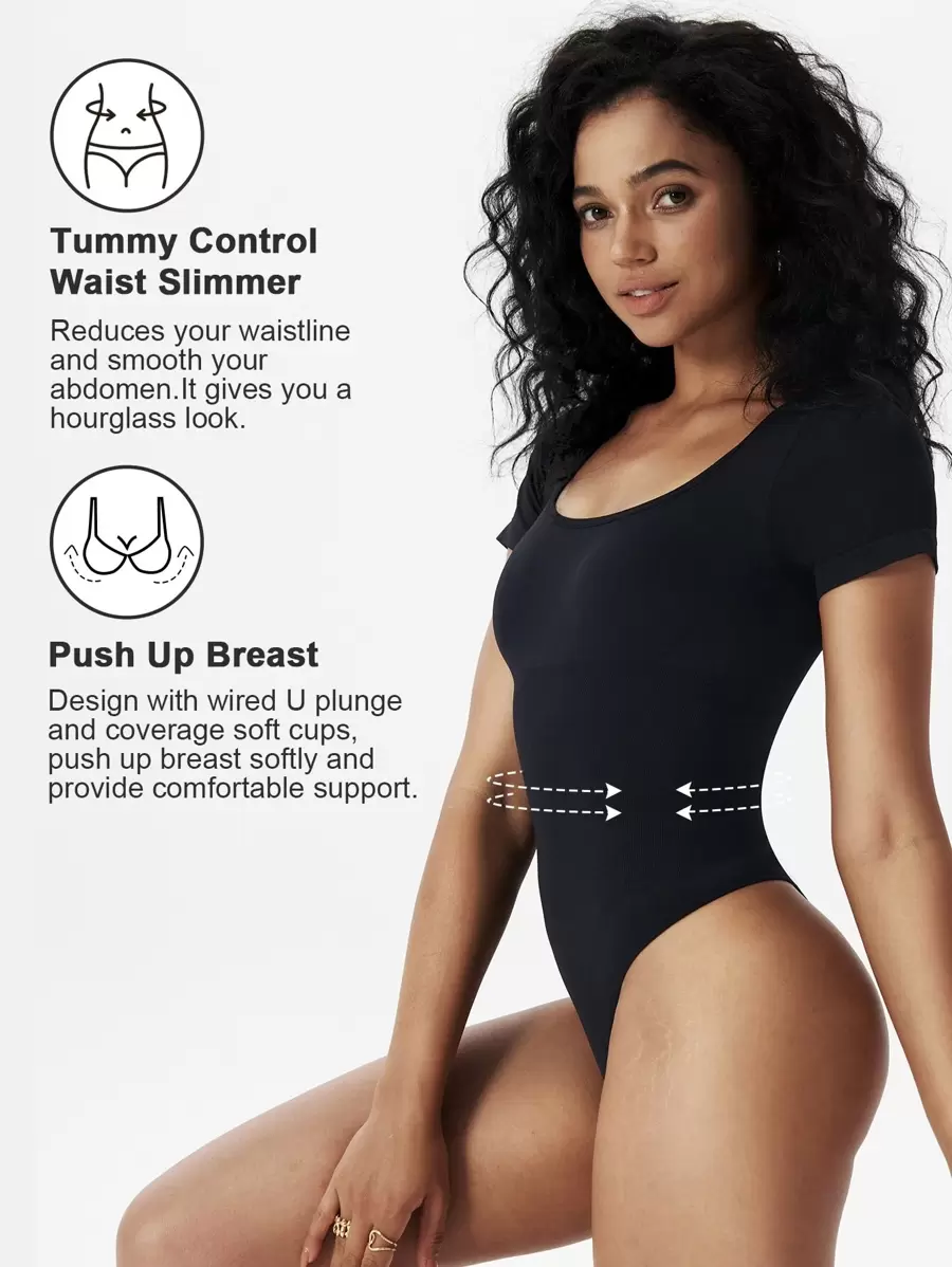 1pc Women Solid Color Shapewear Bodysuit, Tummy Control Slimming Jumpsuit
