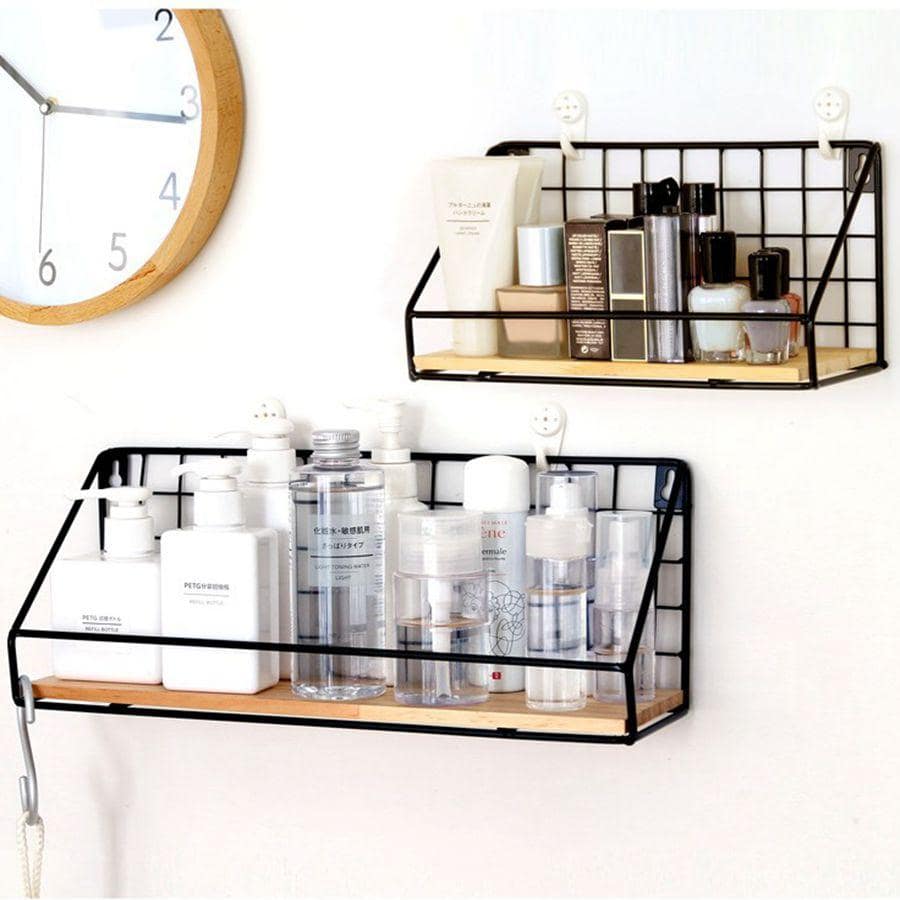 White Mediumsized Wallmounted Shelf, Metal Basket Storage Rack, No