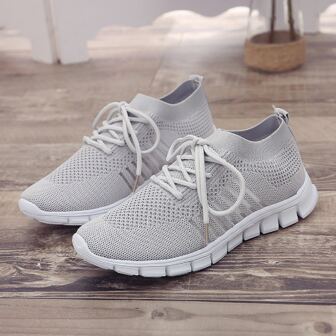 Zapatos Deportivos Transpirables De Encaje Hueco Para Mujer Con Cordones, Gris