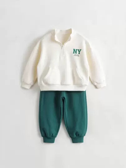 2pcs/set Young Boys' College Style Standing Collar Sweatshirt And Sports Trousers, Autumn