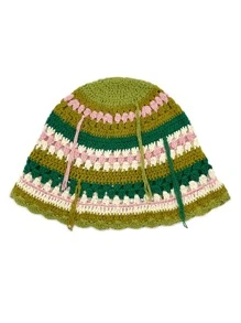 波西米亞風格1入組女士彩色條紋拼花流蘇手工編織Y2K時尚漏花漏織漏斗帽，適用於日常使用 - 彩色 - 查看 3