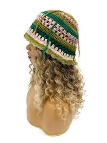 波西米亞風格1入組女士彩色條紋拼花流蘇手工編織Y2K時尚漏花漏織漏斗帽，適用於日常使用 - 彩色 - 查看 2