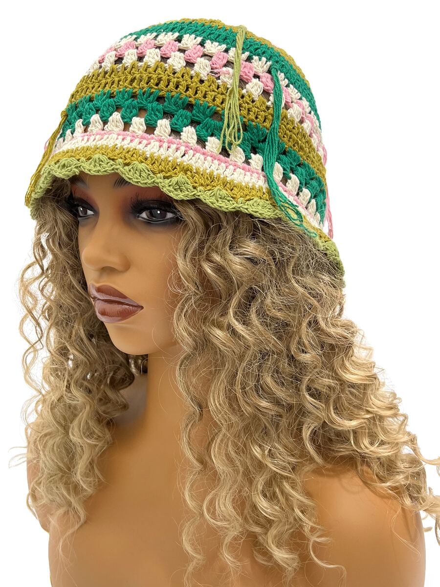 波西米亞風格1入組女士彩色條紋拼花流蘇手工編織Y2K時尚漏花漏織漏斗帽，適用於日常使用 - 彩色 - 查看 1