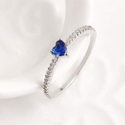 1 件时尚简约心形蓝色方晶锆石女士结婚戒指情人节