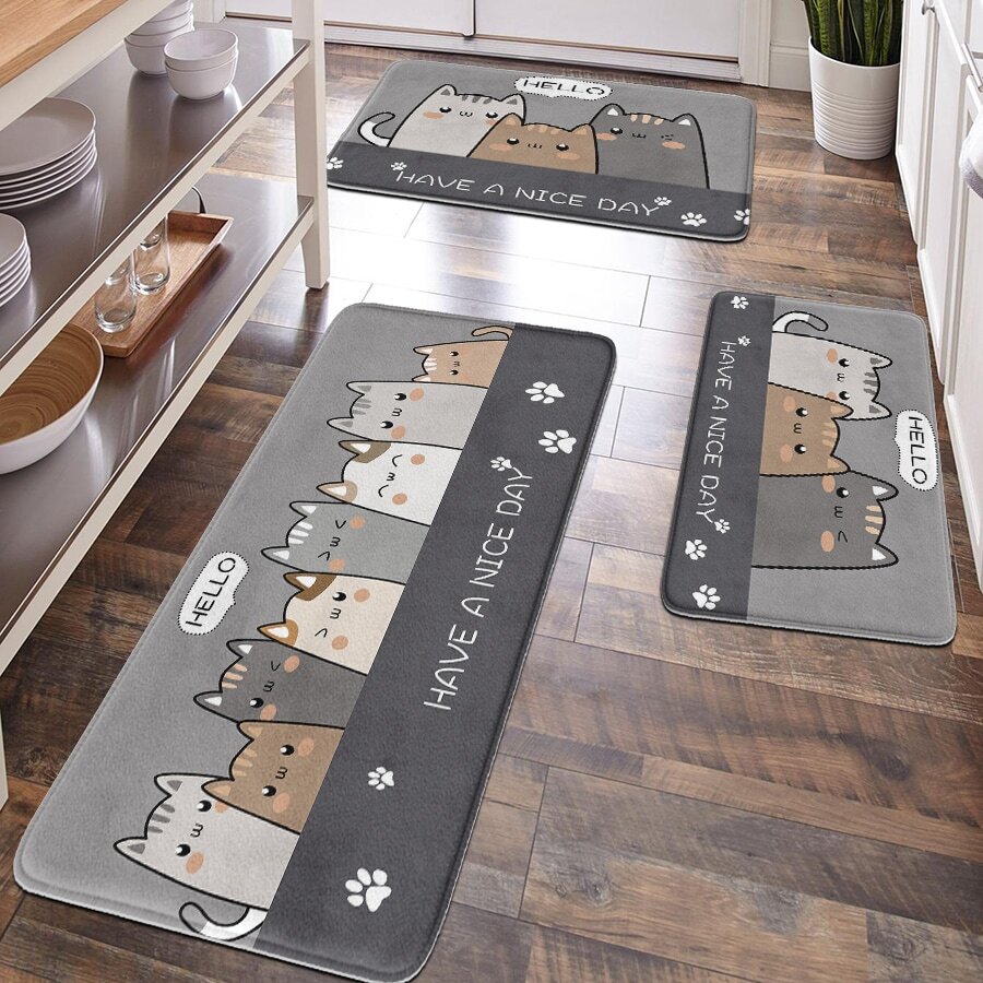 1pc Polyester Rectangle Gray Background Cat Pattern Non-Slip Absorbent Plush Bathroom Mat, Suitable For Kitchen, Living Room, Bathroom Entrance, Hallway Home Bathroom Decor Bath Rug Floor Carpet Outdoor Rug Door Mat Fall Decor Bathroom Accessories Back To School