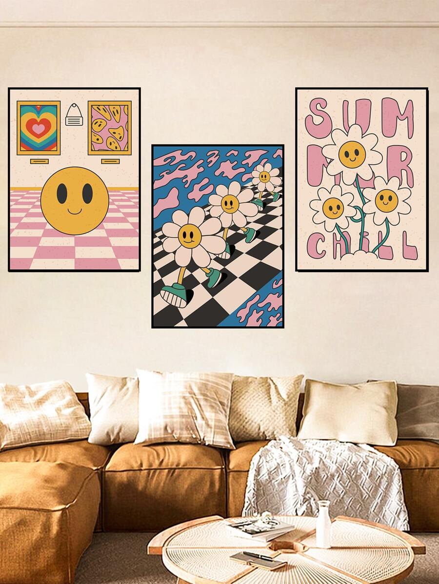 3pcs Abstract Cartoon Flower & Smiling Face Pattern Pvc Self-adhesive Waterproof Wall Sticker For Living Room, Study, And Bedroom Decoration - Multicolor - View 1