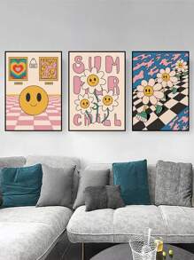 3pcs Abstract Cartoon Flower & Smiling Face Pattern Pvc Self-adhesive Waterproof Wall Sticker For Living Room, Study, And Bedroom Decoration - Multicolor - View 2
