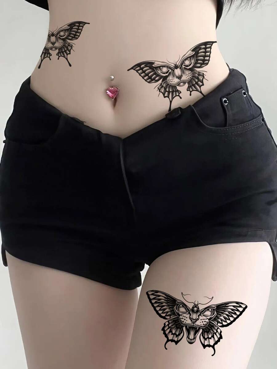 蝴蝶臨時刺青貼紙適用於手臂、大腿、胸部。性感蝴蝶紋身創意適合男士、女士、女孩。藝術身體裝飾,防水一次性 - 黑色 - 查看 1