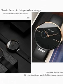 Nesun Dual Dial Mechanical Watch Calendar Fashionable Casual Black Leather Strap Men's Watch 1pc - Black - View 4
