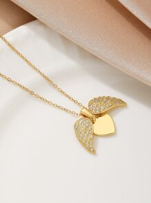 1入組金色羽毛圖案心形吊墜項鍊帶玻璃水鑽適合男士&女性,嘻哈,休閒,時髦,街頭風 - 金黃色 - 查看 3