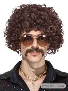 Men's Short Curly Brown 60s 70s 80s Disco Costume Wig With Necklace Chain And Moustache For 70's Party And Halloween - Brown - View 2