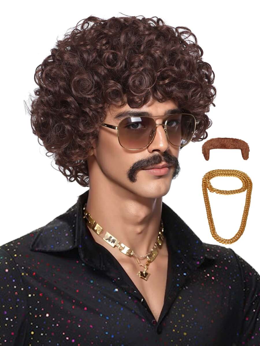 Men's Short Curly Brown 60s 70s 80s Disco Costume Wig With Necklace Chain And Moustache For 70's Party And Halloween - Brown - View 1