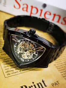 T-WINNER 男款黑色三角形中空運動頂級品牌豪華不鏽鋼腕帶商務休閒自動機械腕表時尚手錶周年慶生日假日禮物附盒