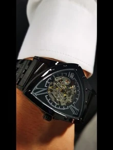 T-WINNER 男款黑色三角形中空運動頂級品牌豪華不鏽鋼腕帶商務休閒自動機械腕表時尚手錶周年慶生日假日禮物附盒