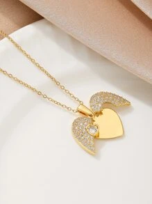 1件奢华金色水钻心形吊坠项链，简约时尚不锈钢项链，男女皆宜，街头风休闲百搭项链 - 金黃色 - 查看 3