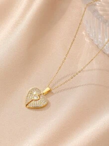 1件奢华金色水钻心形吊坠项链，简约时尚不锈钢项链，男女皆宜，街头风休闲百搭项链 - 金黃色 - 查看 1