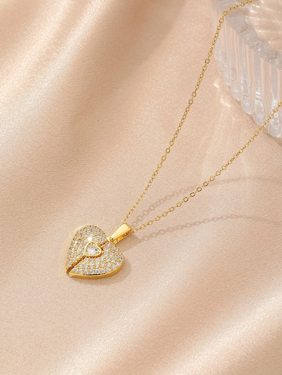 1件奢华金色水钻心形吊坠项链，简约时尚不锈钢项链，男女皆宜，街头风休闲百搭项链 - 金黃色 - 查看 1