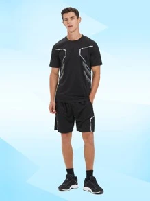ODMYONO 1 zestaw męski oddychający top i spodenki z okrągłym dekoltem, strój piłkarski do uprawiania sportów na świeżym powietrzu - Czarne - Zobacz 3