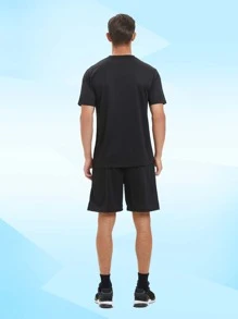 ODMYONO 1 zestaw męski oddychający top i spodenki z okrągłym dekoltem, strój piłkarski do uprawiania sportów na świeżym powietrzu - Czarne - Zobacz 2