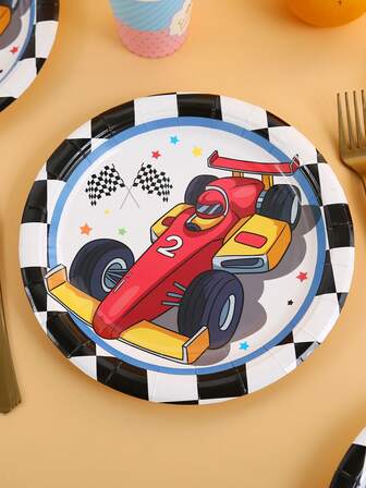 16入組9英寸一次性紙盤,黑白方格車主題紙盤,適用於派對和日常使用