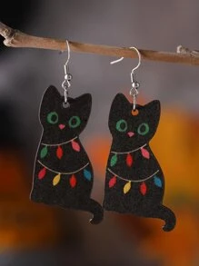1雙女性可愛&復古貓形LED燈吊墜耳環,雙面木頭耳朵耳釘適合萬聖節&聖誕