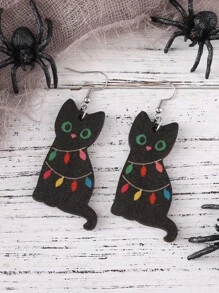 1雙女性可愛&復古貓形LED燈吊墜耳環,雙面木頭耳朵耳釘適合萬聖節&聖誕