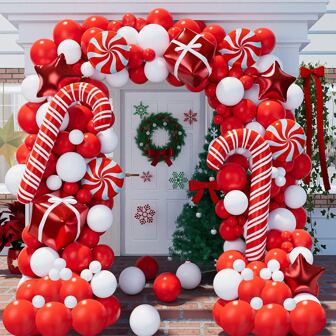 123pcs Christmas Balloons Garland Arch Kit With Christmas Red And White Balloons Candy Balloons Gift Box Balloons Red Star Balloons Christmas Party Decoration