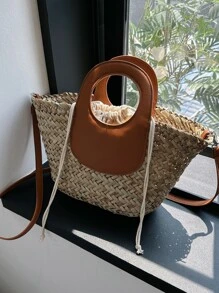 流行時尚女用手提包,編織草製 - 彩色 - 查看 1