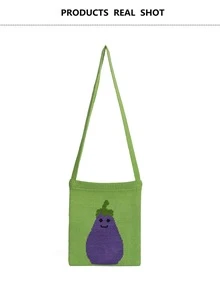 新品到貨卡通茄子圖案時尚針織斜背包