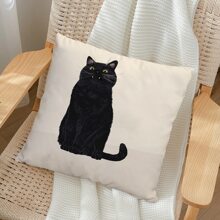 1 件可愛黑貓印花靠墊套,卡通簡約風格桃皮絨面料方形抱枕套,無填充物,隱藏拉鍊設計,適合沙發和床裝飾 - 黑色 - 查看 4