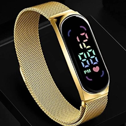 1块磁吸式LED显示屏数字手表，椭圆形指针，运动型数字手表，配网状不锈钢表带