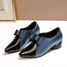 Women's Zipper Bow Knot Rhinestone Decor Two Tone High Heels, Spring And Fall Blue Pu Leather Pointed Toe Shoes, Versatile Fashion Streetwear Casual Shoes - Blue - View 2