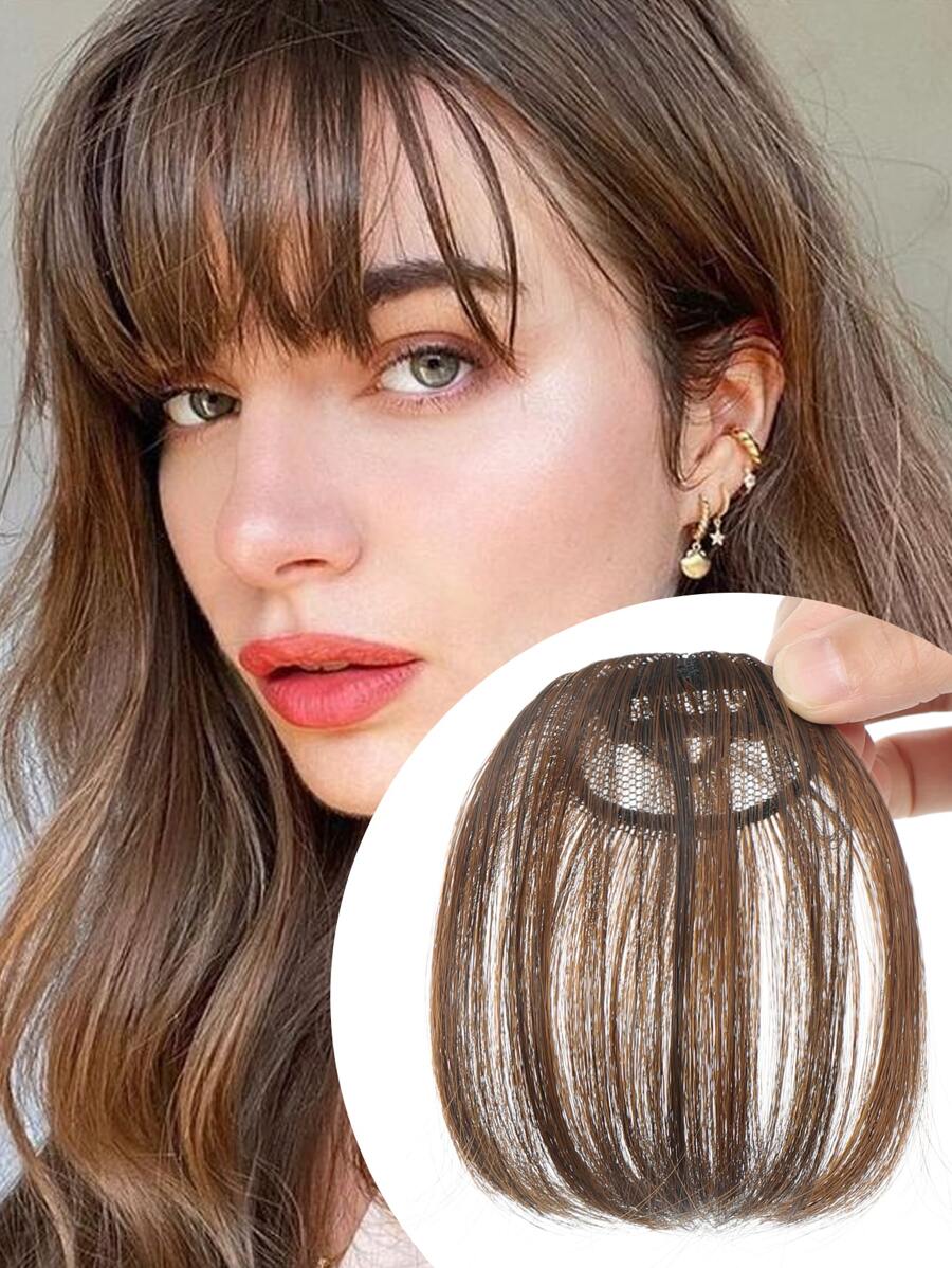 Frange Postiche à Clip En Fibres Résistantes à La Chaleur - Châtain Clair, Texture Raide - Neuf Avec étiquettes, Pour Un Effet Naturel Instantané