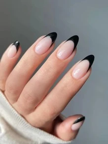 VV MEI JIA ER Bộ 96 móng giả acrylic dài hình hạnh nhân màu nude và đen kiểu Pháp, phù hợp cho phụ nữ và bé gái, kèm theo 1 băng dính và 1 dũa móng. - màu đen - Xem 3