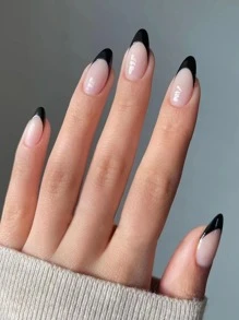VV MEI JIA ER Bộ 96 móng giả acrylic dài hình hạnh nhân màu nude và đen kiểu Pháp, phù hợp cho phụ nữ và bé gái, kèm theo 1 băng dính và 1 dũa móng. - màu đen - Xem 2