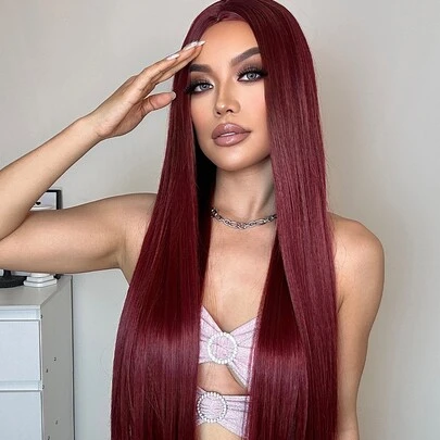 Peluca sintética de cabello liso y largo de color rojo vino, cabello liso sedoso tejido a máquina, para mujeres #99J