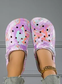 CIVHOM Guốc họa tiết buộc dây dành cho nữ, Guốc đi sân vườn hai chiều nhẹ, giày trượt đi biển mùa hè chống trượt - Màu tím - Xem 6