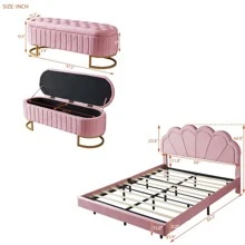 MERAX 2-Pieces Bedroom Sets,Queen Size Upholstered LED Platform Bed With Storage Ottoman-Velvet - Hồng - Xem 4