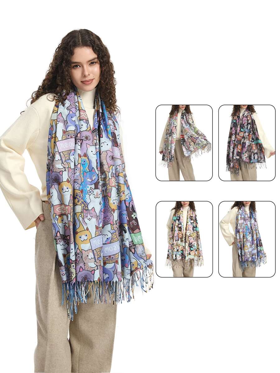 1pc Ladies' Colorful Cute Cat And Long Tassel Printed Digital Scarf, Suitable For Daily Use - Multicolor - View 1
