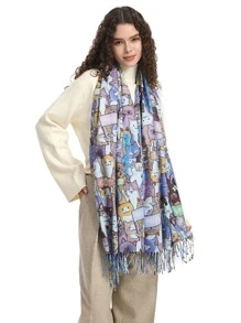1pc Ladies' Colorful Cute Cat And Long Tassel Printed Digital Scarf, Suitable For Daily Use - Multicolor - View 2