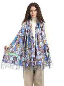 1pc Ladies' Colorful Cute Cat And Long Tassel Printed Digital Scarf, Suitable For Daily Use - Multicolor - View 4