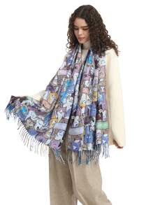 1pc Ladies' Colorful Cute Cat And Long Tassel Printed Digital Scarf, Suitable For Daily Use - Multicolor - View 3
