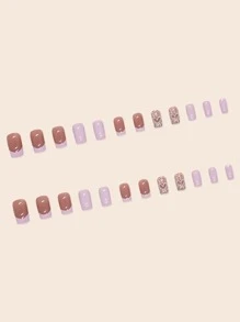 YADORNOS 24入組短方形假指甲,帶有心形和蜘蛛網設計,配有1支果凍膠和1支指甲文件套裝,適用於美甲 - 彩色 - 查看 5