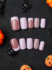 YADORNOS 24入組短方形假指甲,帶有心形和蜘蛛網設計,配有1支果凍膠和1支指甲文件套裝,適用於美甲 - 彩色 - 查看 3