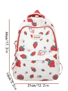 1 Pieza Mochila Escolar De Patrón De Fresa Para Niñas Sin Colgante - Blanco - Ver 7